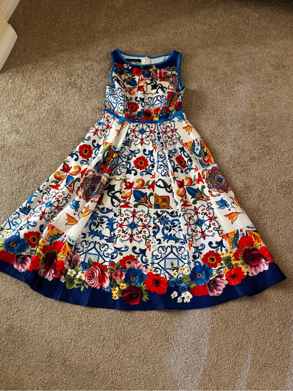 Girls' Blue & White Floral Tile Print Fit-and-Flare Dress